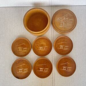 Rare Vintage Japan Miyajima Satsuma Etched Lidded Wood Box with Six Tea Coasters